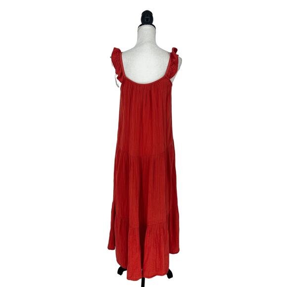 Xirena Rumer Scoop Neck Flutter Sleeve Gauze Tiered Midi Dress in Paprika - Picture 13 of 14